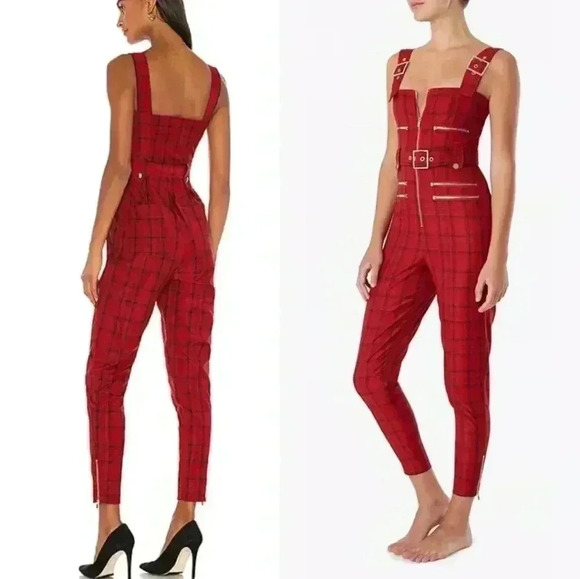 WE WORE WHAT Women's Moto Overalls Plaid Pompeian Red SMALL - Picture 3 of 5